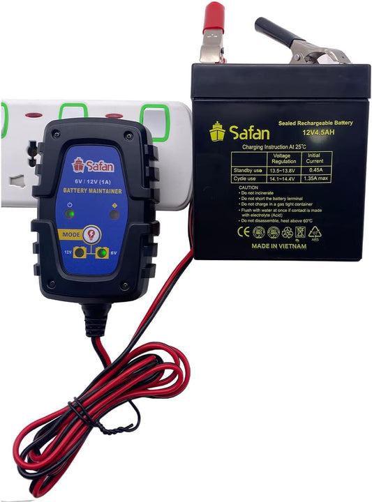 SAFAN 1-Amp Fully-Automatic Smart Charger, 6V and 12V Portable Battery Charger, Battery Maintainer. Trickle Charger and Battery Desulfator with Temperature Compensation