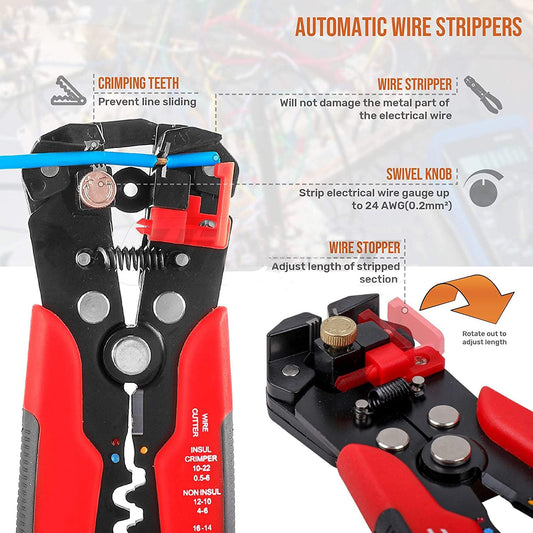 Multifunctional Cable Wire Stripper Cutter, Crimping Stripping Plier Tool, Self-adjusting 8" Automatic Wire Stripper/Cutting Pliers Tool for Wire Stripping, Cutting, Crimping (Red)
