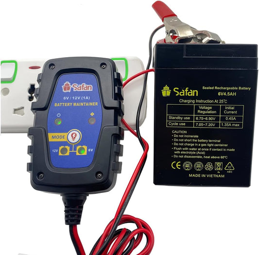 SAFAN 1-Amp Fully-Automatic Smart Charger, 6V and 12V Portable Battery Charger, Battery Maintainer. Trickle Charger and Battery Desulfator with Temperature Compensation
