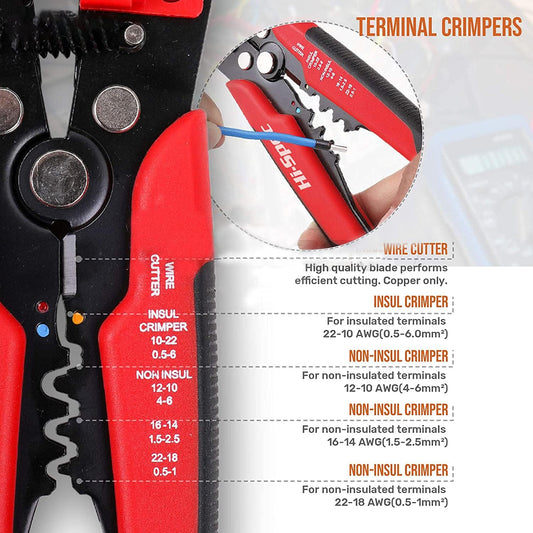 Multifunctional Cable Wire Stripper Cutter, Crimping Stripping Plier Tool, Self-adjusting 8" Automatic Wire Stripper/Cutting Pliers Tool for Wire Stripping, Cutting, Crimping (Red)