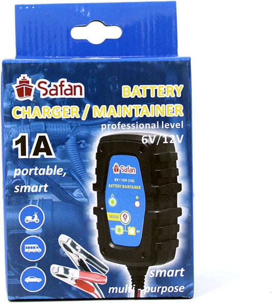 SAFAN 1-Amp Fully-Automatic Smart Charger, 6V and 12V Portable Battery Charger, Battery Maintainer. Trickle Charger and Battery Desulfator with Temperature Compensation
