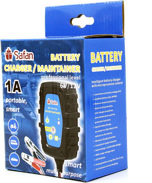 SAFAN 1-Amp Fully-Automatic Smart Charger, 6V and 12V Portable Battery Charger, Battery Maintainer. Trickle Charger and Battery Desulfator with Temperature Compensation