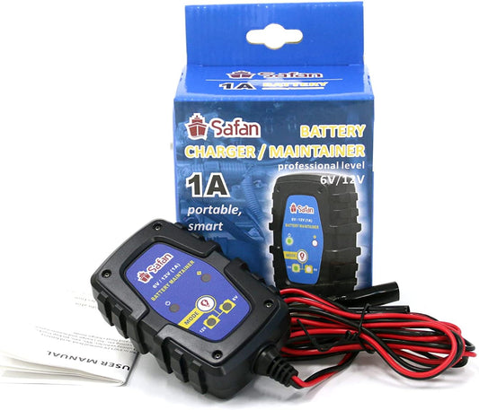 SAFAN 1-Amp Fully-Automatic Smart Charger, 6V and 12V Portable Battery Charger, Battery Maintainer. Trickle Charger and Battery Desulfator with Temperature Compensation
