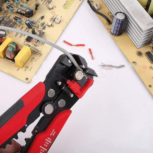 Multifunctional Cable Wire Stripper Cutter, Crimping Stripping Plier Tool, Self-adjusting 8" Automatic Wire Stripper/Cutting Pliers Tool for Wire Stripping, Cutting, Crimping (Red)