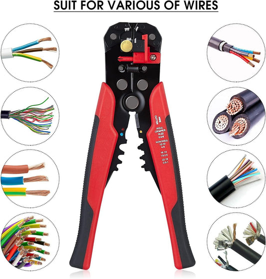 Multifunctional Cable Wire Stripper Cutter, Crimping Stripping Plier Tool, Self-adjusting 8" Automatic Wire Stripper/Cutting Pliers Tool for Wire Stripping, Cutting, Crimping (Red)
