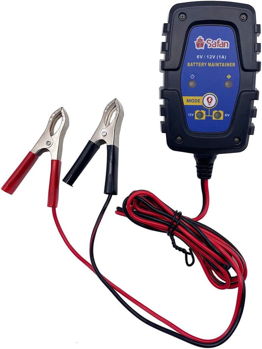 SAFAN 1-Amp Fully-Automatic Smart Charger, 6V and 12V Portable Battery Charger, Battery Maintainer. Trickle Charger and Battery Desulfator with Temperature Compensation