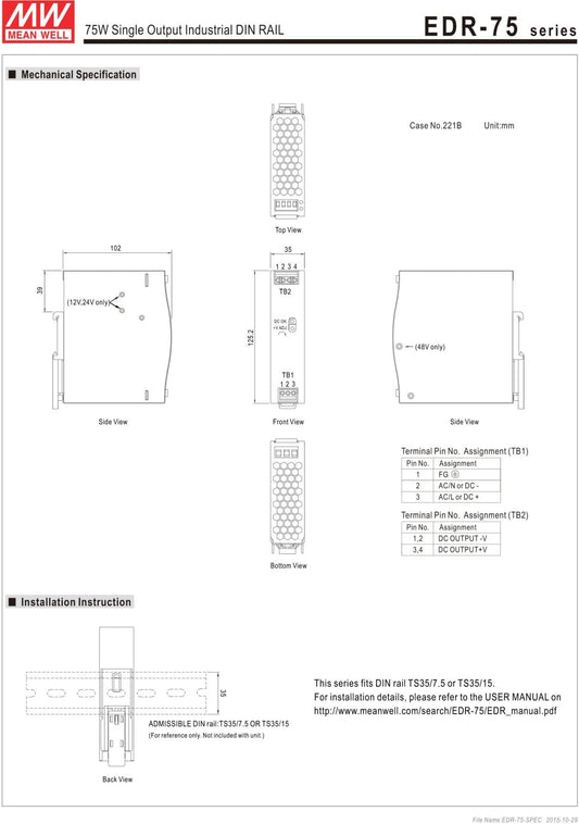 MeanWell EDR-75-24- Single Output Industrial DIN RAIL