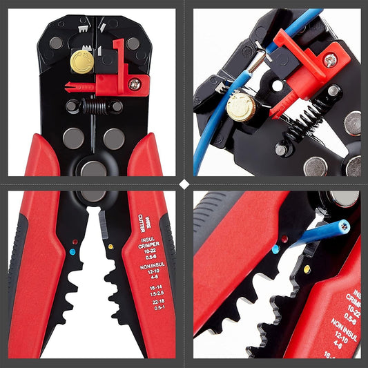 Multifunctional Cable Wire Stripper Cutter, Crimping Stripping Plier Tool, Self-adjusting 8" Automatic Wire Stripper/Cutting Pliers Tool for Wire Stripping, Cutting, Crimping (Red)